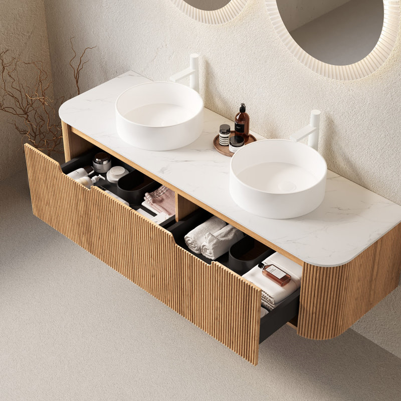 Meuble-lavabo de salle de bain avec lavabo, armoire de salle de bain murale avec 2 tiroirs de rangement