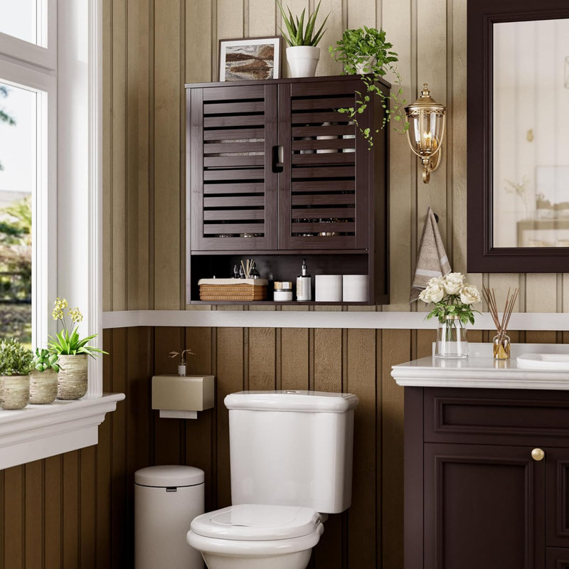 Armoire de salle de bain murale, rangement en bambou au-dessus de la toilette, armoire à pharmacie peu encombrante avec 2 portes et tablettes réglables (brun foncé)
