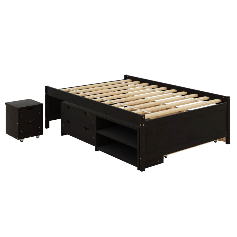  Structure de lit double Altona avec lit gigogne, 2 tiroirs, tablettes et table de chevet, Espresso
