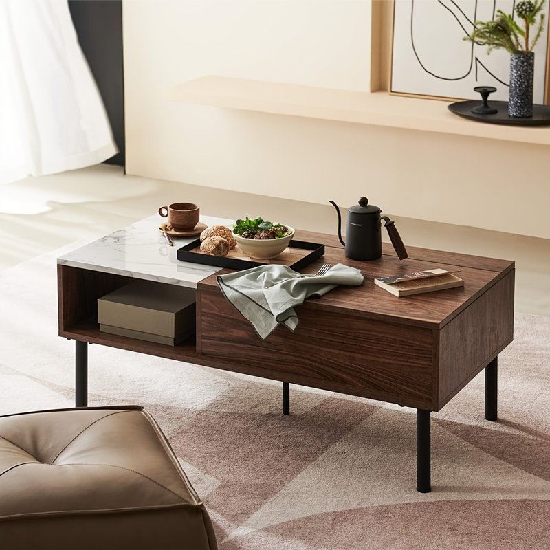 Plateau supérieur avec rangement - table de centre relevable pour le salon, table d'appoint réglable Mid-Century, effet noyer et marbre