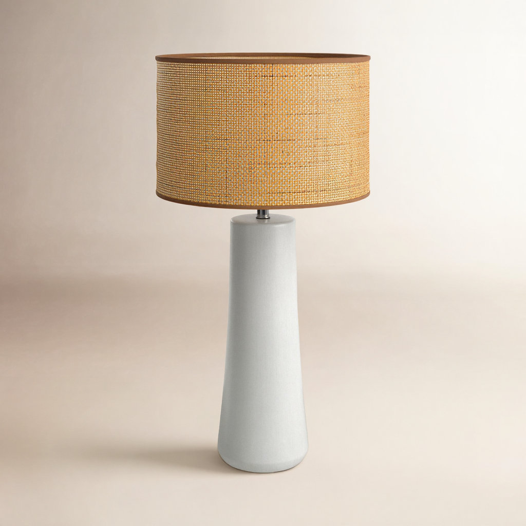 Piazza Ceramic Table Lamp, White, Natural Rattan w. Beige Trim, 30''H x 16''W x 16''D