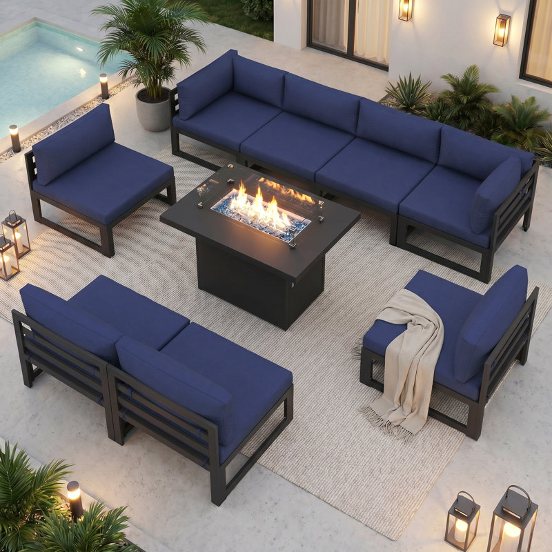 Modern 9-piece Aluminum Patio Conversation Set With Propane Fire Pit Table, 500lb Capacity Heavy-duty Outdoor Sectional Set With Cushions