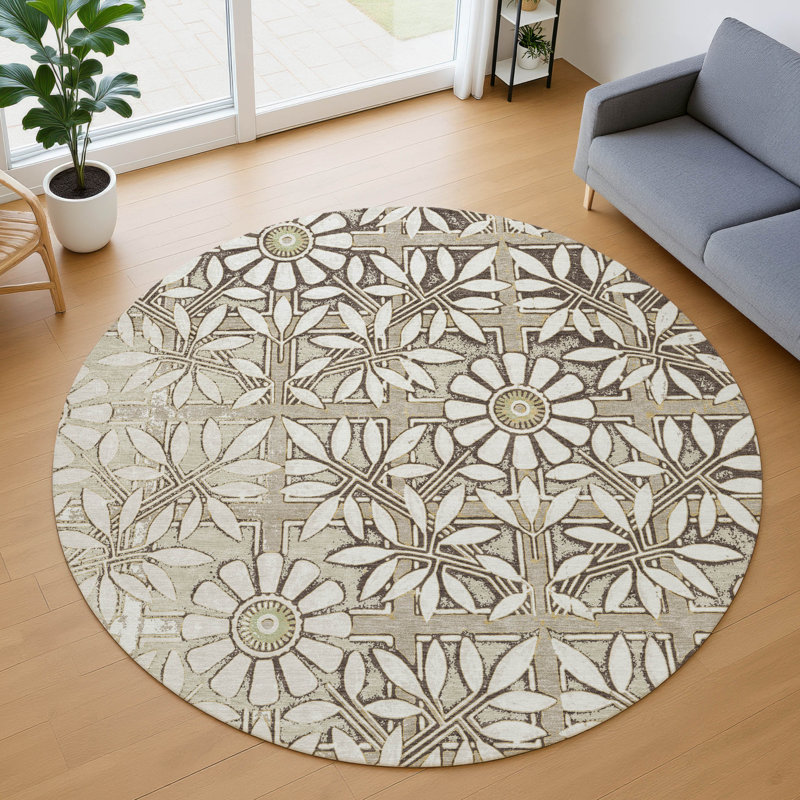 Machine Washable Indoor/Outdoor Chantille ACN2775 Floral Rug, Ivory, 8' Round