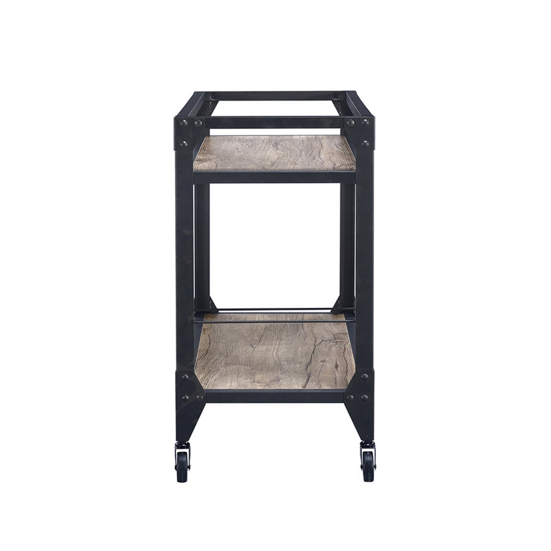 Rustic Oak And Charcoal Serving Cart With Spacious Storage Area Wine Accommodation Industrial Style Two Shelves, Stemware Rack, Solution