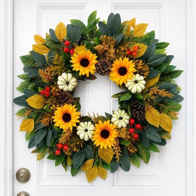 Farmhouse Sunflower Fall Wreath for Front Door with White Pumpkins, Pinecones, Eucalyptus Leaves, Berry Accents and Autumn Foliage, Rustic Thanksgiving Harvest Decor for Indoor Outdoor Home Decoration
