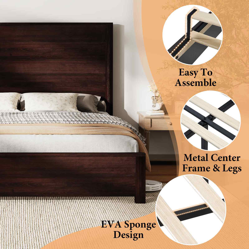 Queen Dark Brown Pine Wood Platform Bed with Tall Headboard