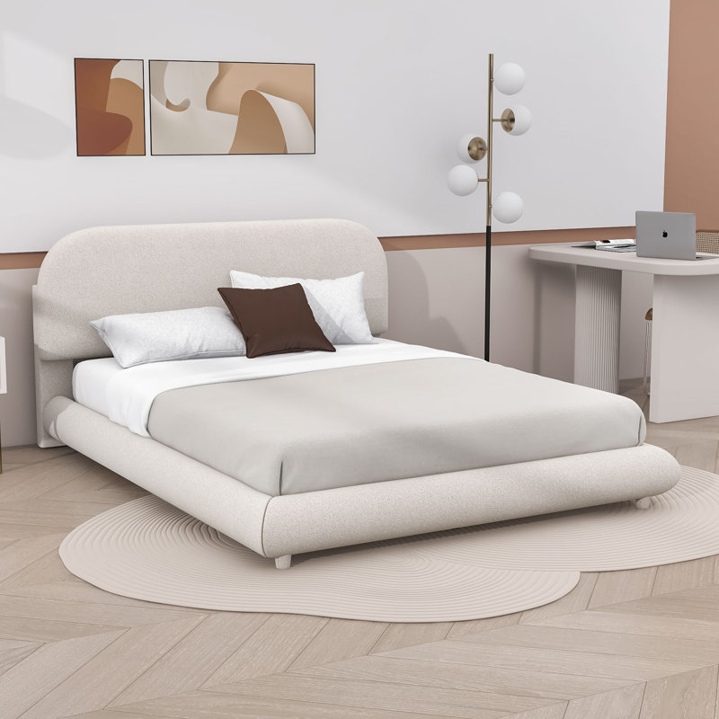 Lit plateforme tapissier Milenka avec tête de lit courbée, Beige, Grand