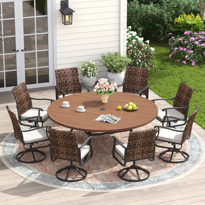 8-Person Round Outdoor Dining Set with 60" Dining Table and 8 Swivel PE Rattan Chairs & Cushions