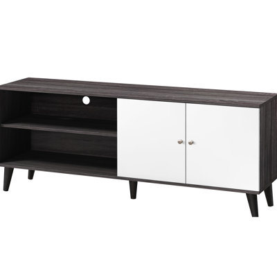 Meuble télé gris foncé et blanc avec options de rangement, pouvant accueillir des téléviseurs de 70 à 79 pouces et rehaussant le support de salon, 2 tablettes et 1 armoire