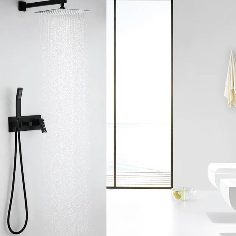 Matte Black Bathroom Shower System - Brass, With 59" Hose Hand And Full Spray Wall Mounted Complete Brass 10 Inch Rain Head
