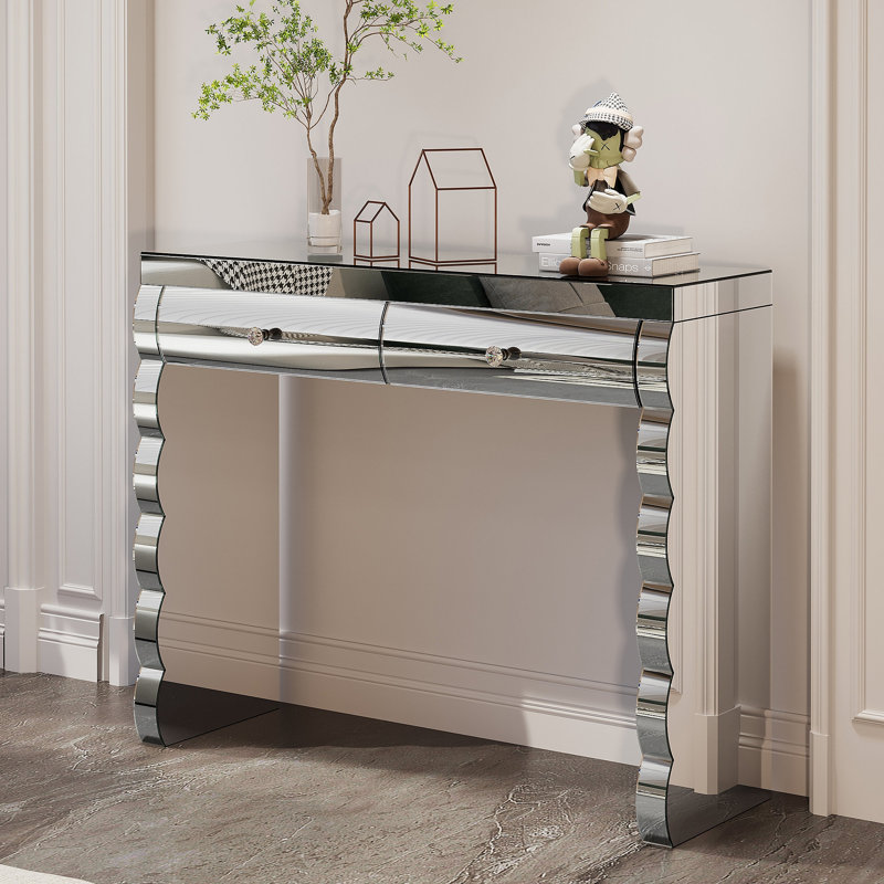 Console à miroir, coiffeuse argentée pour miroir courbé au four avec 2 tiroirs, table d'appoint décorative en miroir convenant au couloir et au salon, coiffeuse à miroir