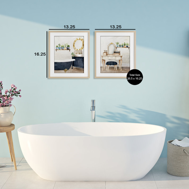 Ensemble de salle de bain sous-verre 2 pièces, par Kim Allen, Cadre de récolte en pin, H 16 po x l 13 po