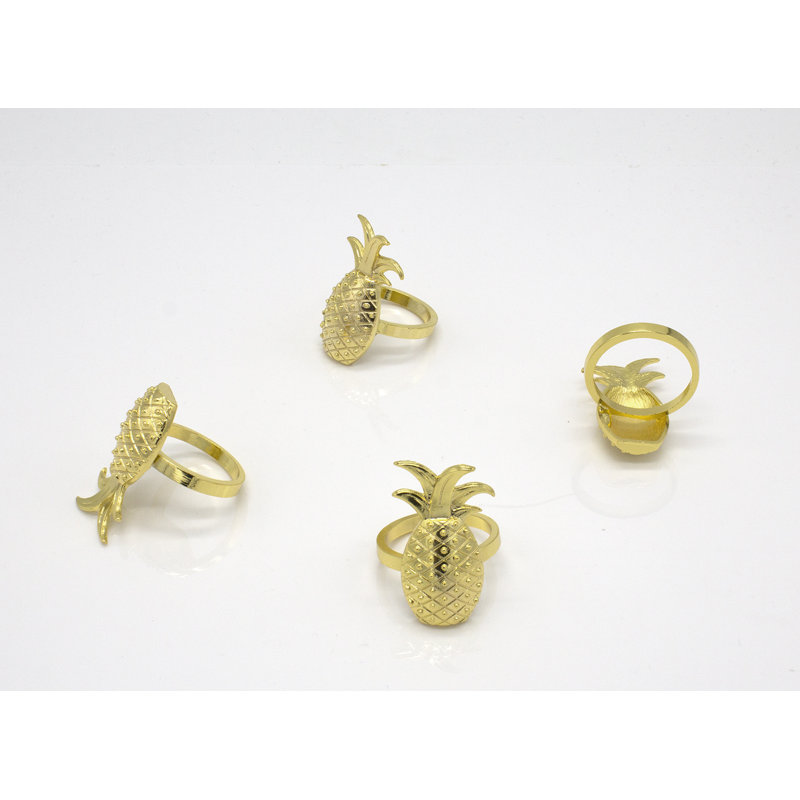 Anneaux de serviette en métal doré à motif ananas tropical, ensemble de 4, Or