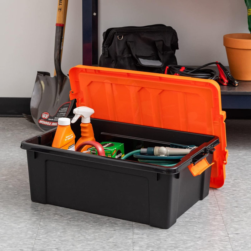 12 Gallon Lockable Storage Bins With Lids, 2 Pack - , Heavy Duty, Stackable Containers, Garage Organizing Bins Moving Tubs, Rugged Sturdy Equipment Utility Box - Black/Orange