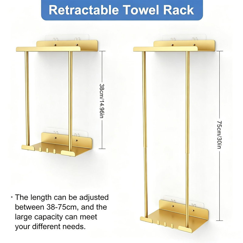 Self Adhesive Towel Rail, Adjustable Wall Mounted No Drilling Bathroom Towel Rack & Towel Storage, Gray