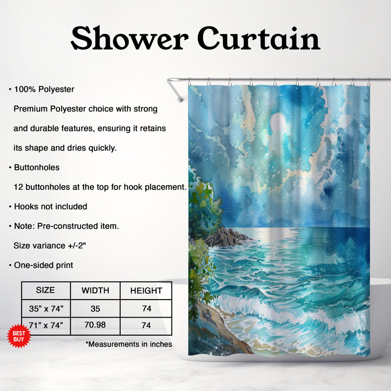 Vibrant Marine Motifs - Rideau de douche standard 1 pièce, H 74 po x l 71 po