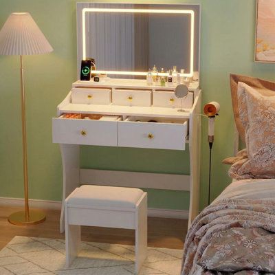  Meuble-lavabo à DEL avec miroir et fauteuil, coiffeuse avec prise de courant, support pour sèche-cheveux et 5 tiroirs, coiffeuse avec tabouret rembourré, blanc
