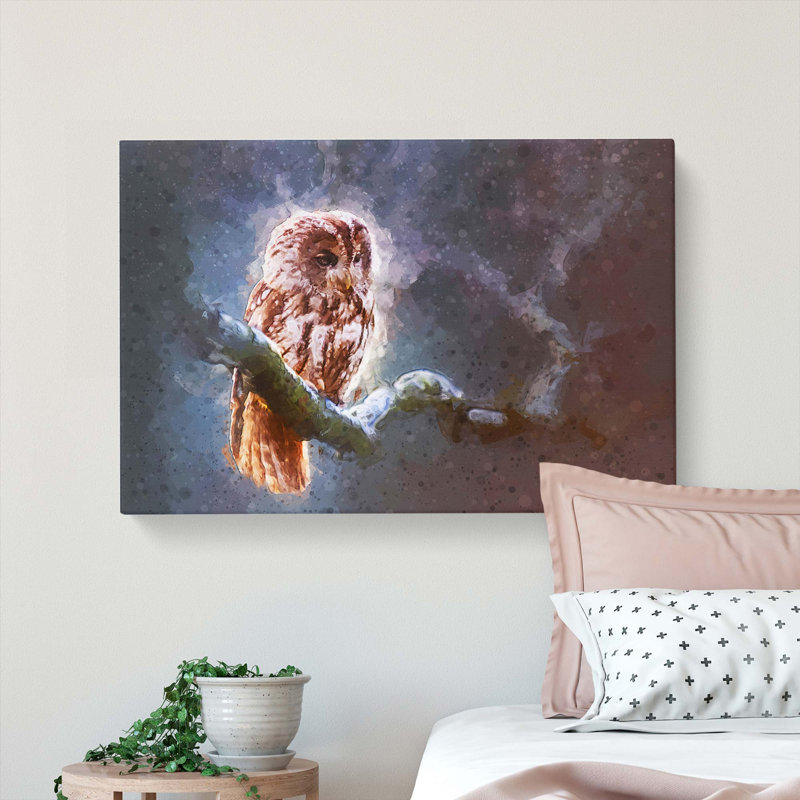 Owl Upon A Tree Branch In Abstract - Wrapped Canvas, 60cm H x 91cm W x 3cm D