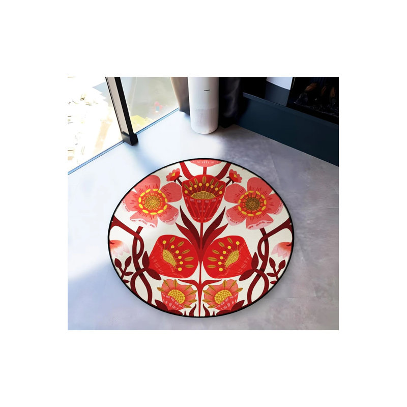Red Themed Floral Rose Patterned Round Woven Base Modern Decorative Carpet, Round 3'4"