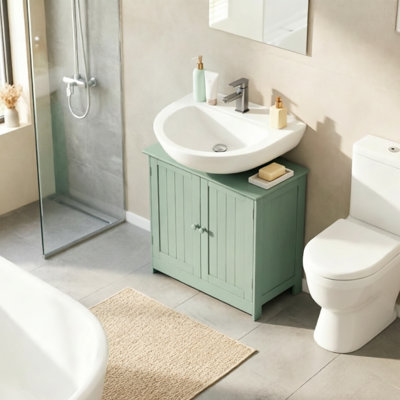 Bathroom Vanity Cabinet, Under Sink Storage Cabinet with 2 Doors and Adjustable Shelf, MDF Pedestal Sink Cabinet for Bathroom Organization, Dark Green, No Basin Included