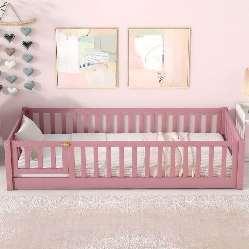 Finka Kids Floor Platforms Bed With Fence and Door, Twin, Pink