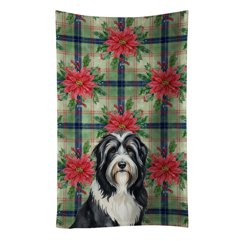 Black Bearded Collie Christmas PoinsettIas Kitchen Towel, Black Bearded Collie