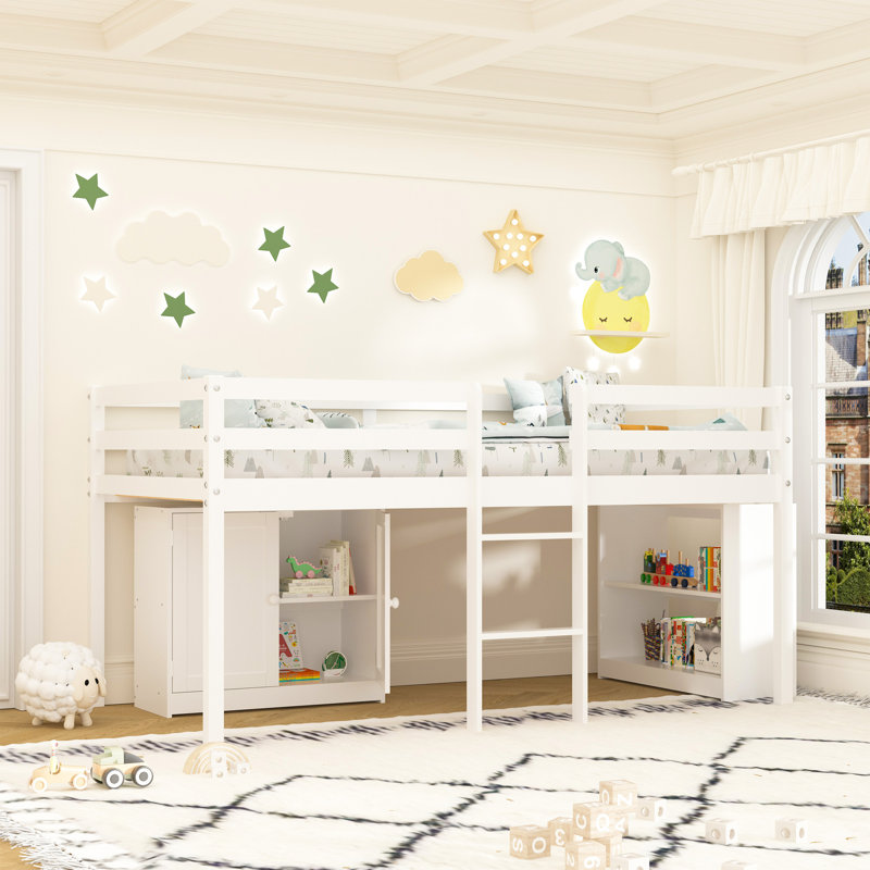 Low Loft Bed Twin Size With Led Lights, White