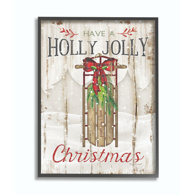 Holly Jolly Christmas Sleigh - reproduction d'art textuel, H 14 po x l 11 po, Cadre noir
