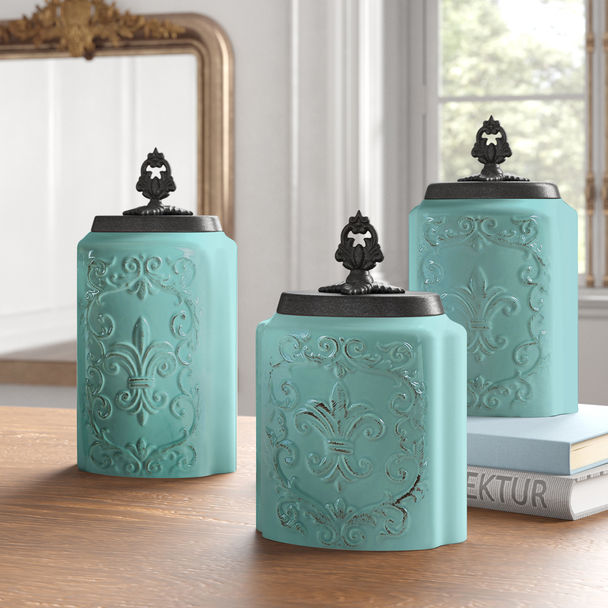 One Allium Way Embossed 3 Piece Kitchen Canister Set, White