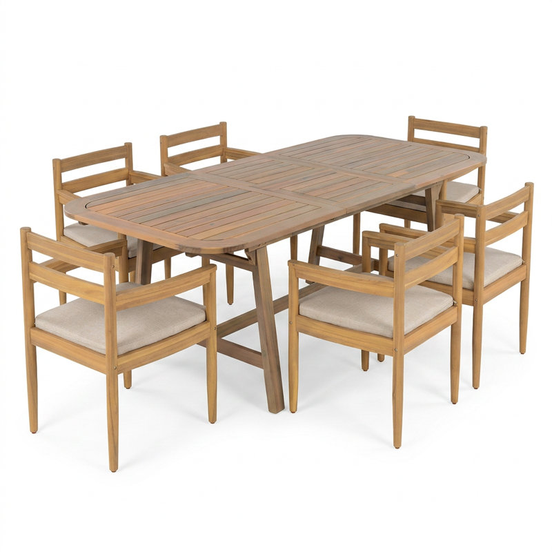 Ensemble repas de patio en bois d'acacia rustique avec table extensible et coussins Lynx, 6