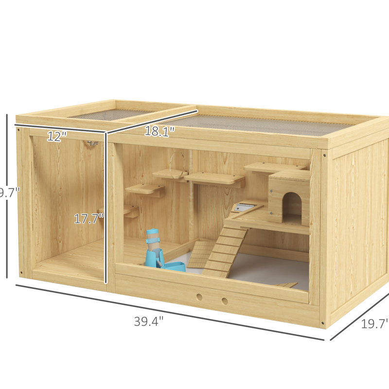 Grand Hamster Cottage - en bois, multicouche, avec balançoires à bascule, bouteille d'eau, plateau coulissant, plateau ouvert pour stylo nain et gerbille