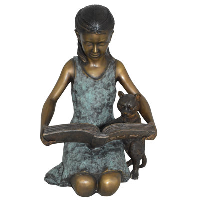 Statue de fille et son chien lisant un livre en bronze - Taille: L 20 po x l 8 po x H 14 po