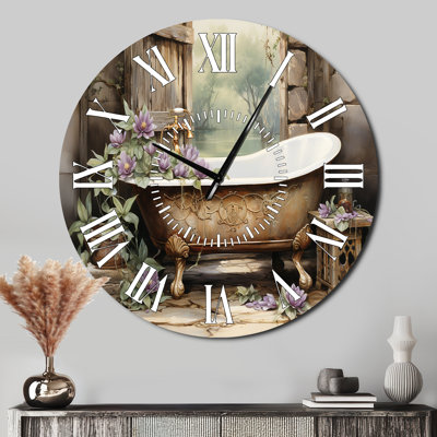 Farmhouse Bathtub Florals - Bathroom White Face Wall Clock