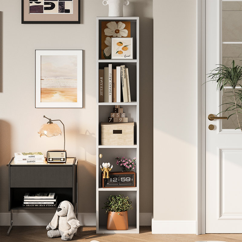 Imron Narrow Bookcase, Tall Corner Bookshelf for Bedroom, Living Room, Study, White, (5 Shelves) 59.4" H x 11.8" W x 9.3" D