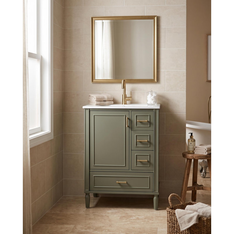 Meuble-lavabo de salle de bain vert olive de 61 cm (24 po) avec lavabo en céramique, trois tiroirs et poignées dorées