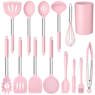14 Pcs Silicone Cooking Utensil Set,stainless Steel Kitchen Utensils Set,non-stick Heat Resistant,pink
