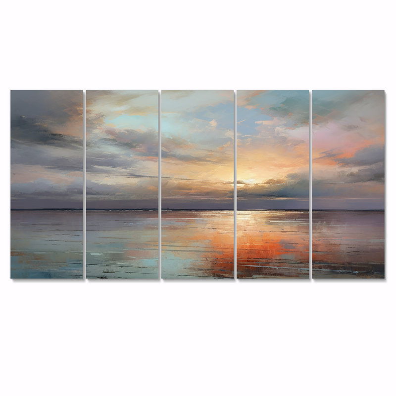 Coucher de soleil sur le lac de campagne - 5 pièces, H 28 po x l 60 po