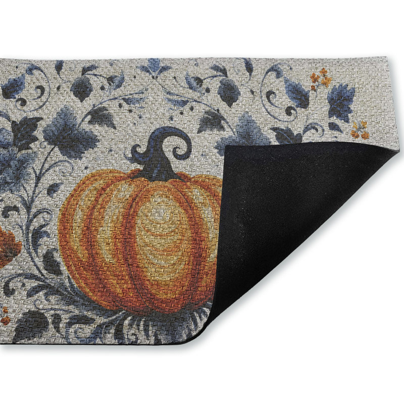 Pumpkin With Blue Floral Background Outdoor Door Mat, design by Creative Studio, 18"x30"