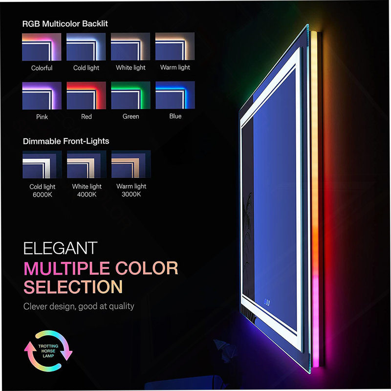 Miroir de salle de bain sans cadre à DEL, miroir intelligent, rétroéclairage RVB, 36 po x 55 po