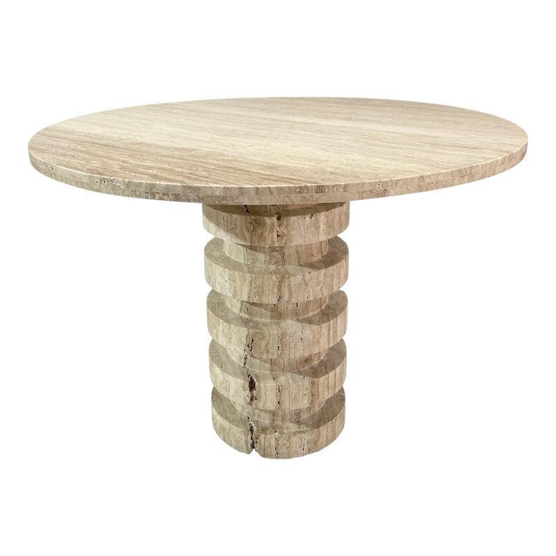 Table d'appoint décorative ronde en travertin avec base de piédestal sculpturale - Table de bout étroite parfaite pour le salon et le bureau - brun clair