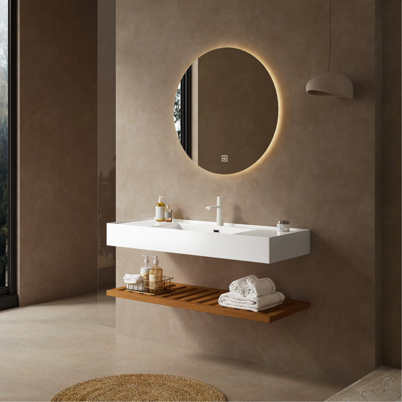 Meuble-lavabo de 48 po avec lavabo vasque, lavabo intégré mural flottant rectangulaire en acrylique blanc sans robinet, tablette rayée, couleur grain de bois noyer foncé