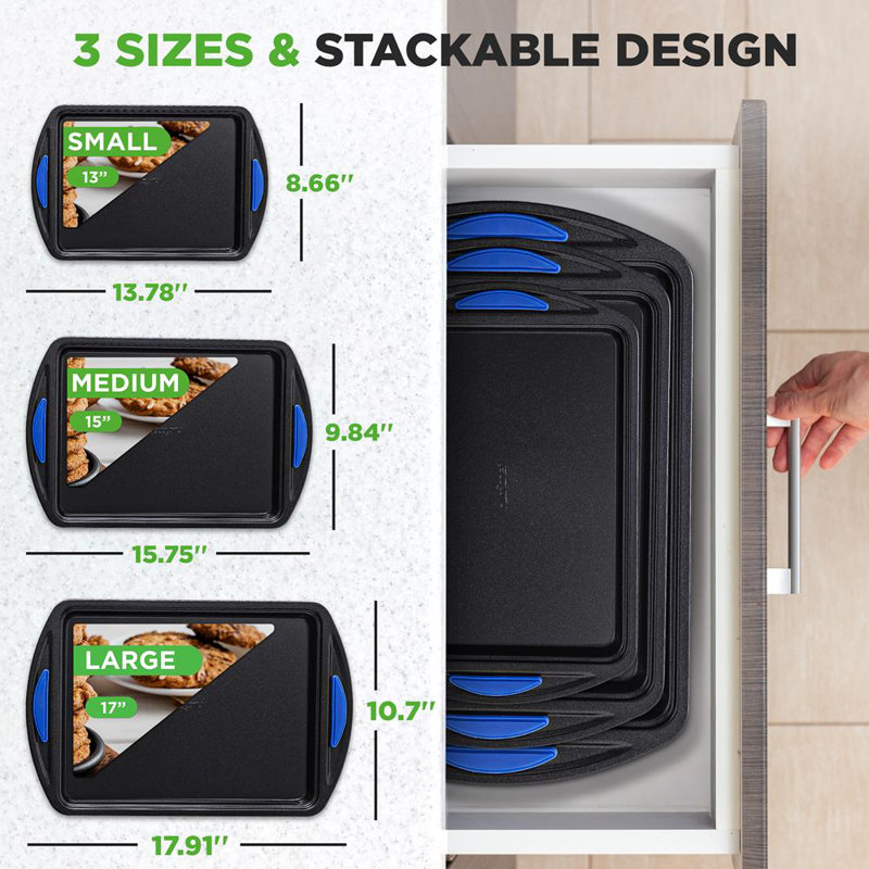 Ensemble de 3 plaques à biscuits antiadhésives Nutrief - plaques de cuisson avec poignées en silicone bleues, conception empilable, facile à nettoyer, petites, moyennes, grandes plaques à biscuits en acier au carbone, allant au four jusqu'à 446 ° F