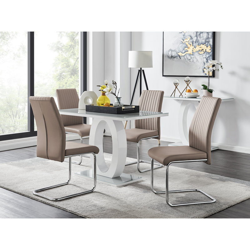 Scottsmoor Modern High Gloss Halo 4 Seater Dining Table Set with Luxury Faux Leather Dining Chairs, Cappuccino, Gray/White