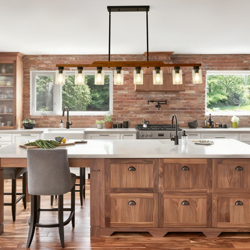 8 Lights Rustic Wood Linear Pendant Light, Adjustable Farmhouse Chandelier With Seeded Glass Shades For Kitchen Island And Dining Room