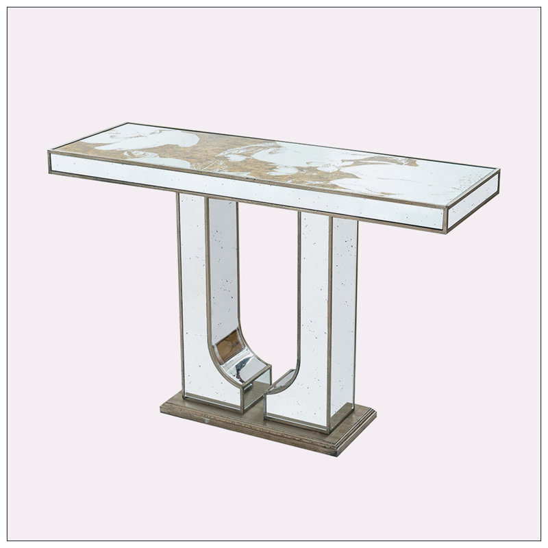 Console rectangulaire avec un élégant motif floral et une finition argentée en miroir