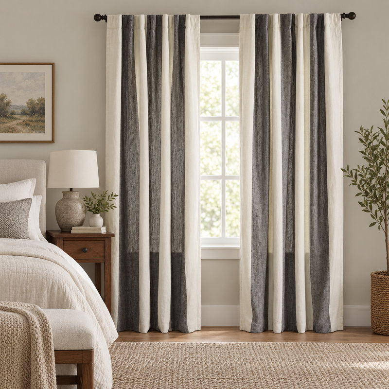 Rideaux 100% coton rayé avec passe-tringle avec pattes cachées pour le salon, L 52 po x L 96 po