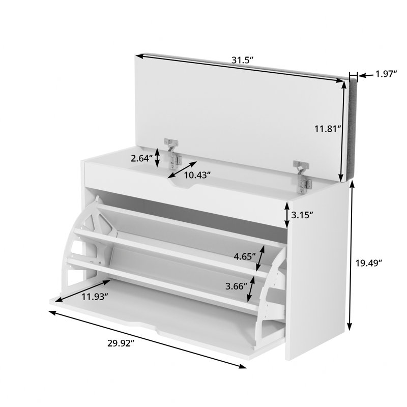 Armoire à chaussures autoportante blanche moderne 31,5 po avec compartiment caché et coussin en lin doux