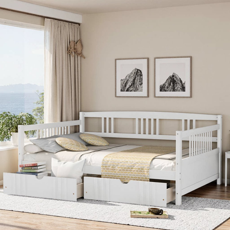 Full Size Espresso Solid Pine Wood Daybed with 2 Storage Drawers - Space-Saving Sleeper Sofa, White, Full
