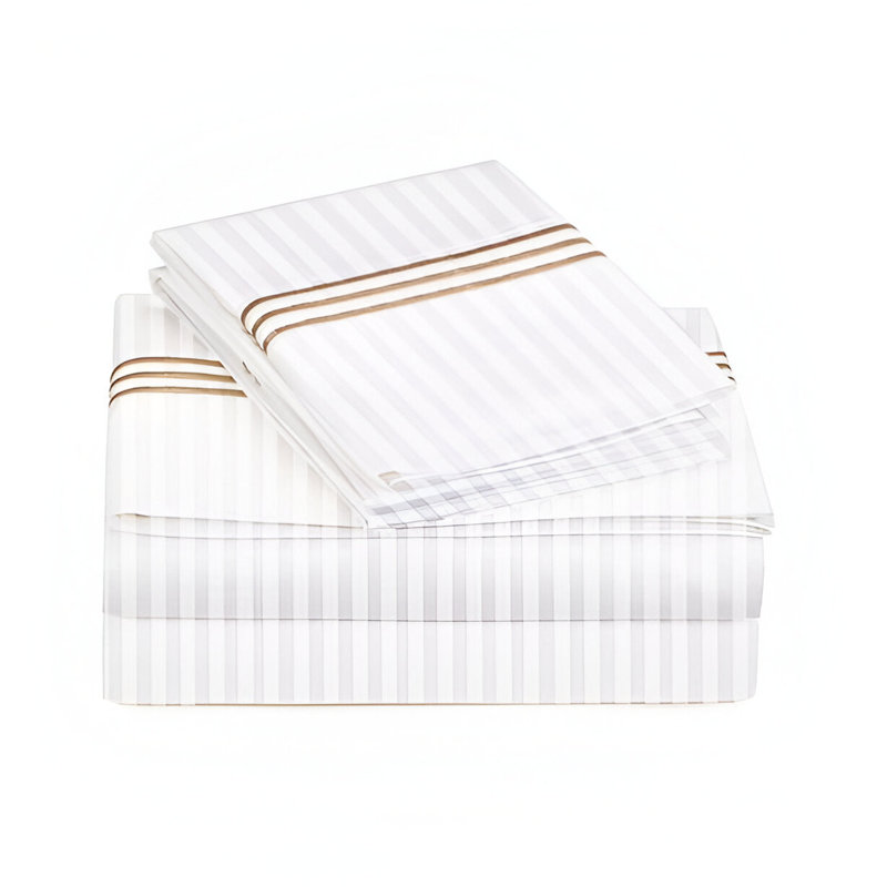 400TC Triple Embroidery Sateen Stripe Cotton 4 Piece Sheet Set Fitted Sheet Fits Upto 16" Deep Pocket, Taupe Border