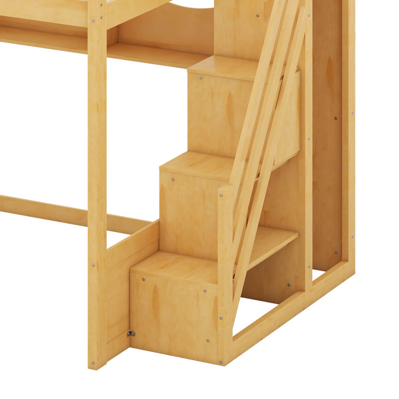 Grand lit mezzanine avec escalier, structure de lit superposé en bois avec garde-robe et tablettes de rangement, Naturel